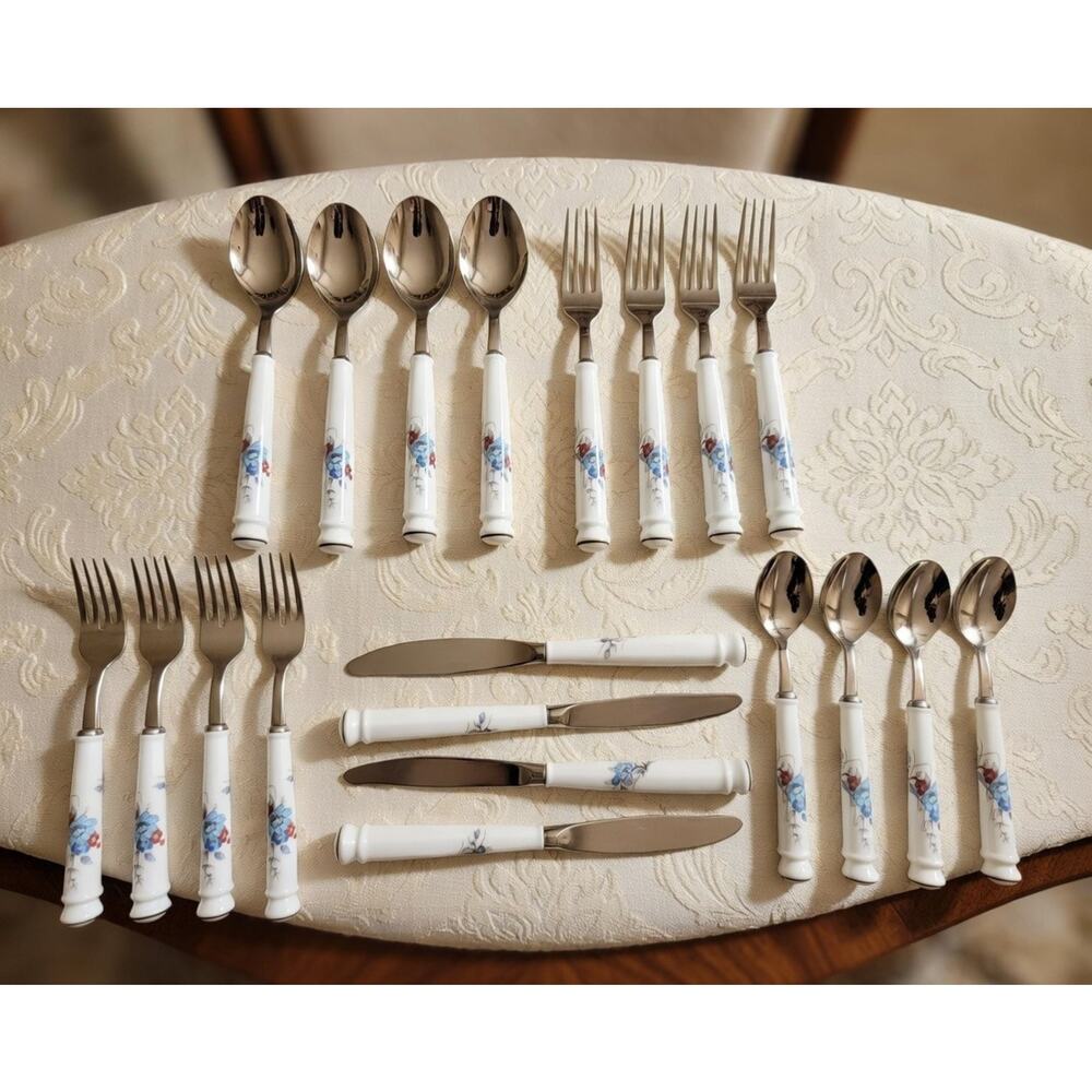 Vintage Noritake Bleufleur Flatware Set - 20pc Stainless Porcelain Japan Floral